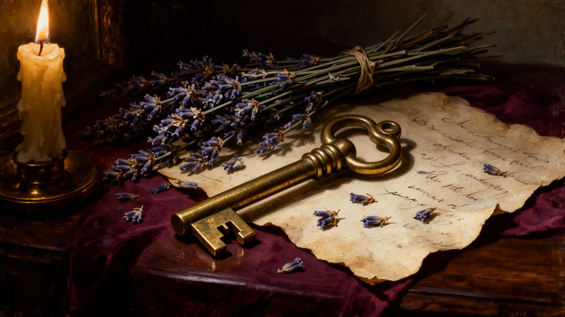 Antique cellar key with lavender and parchment